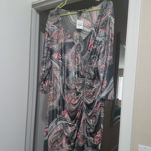 Paisley grey, red, black and white shimmery dress